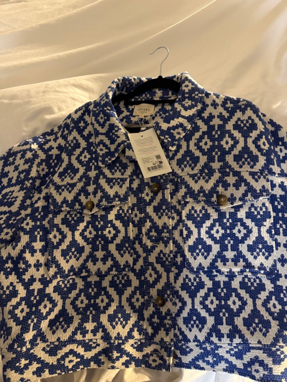 Sezane Blue & White Patterned Cropped Jacket - Picture 3 of 3